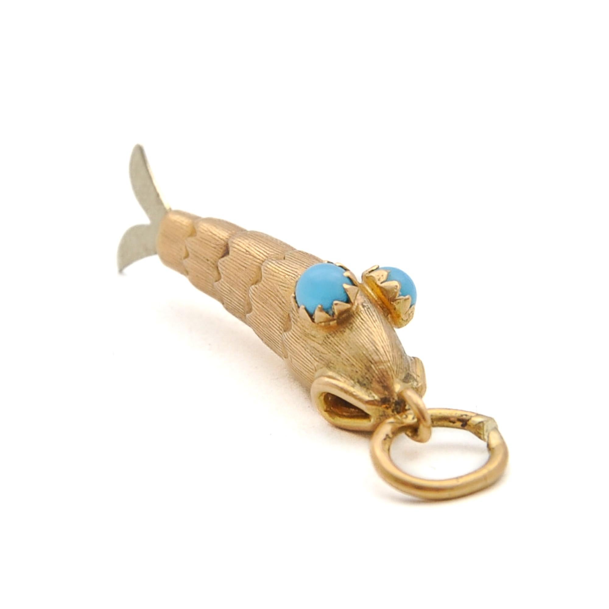 Vintage 18K Gold and Silver Turquoise Fish Charm Pendant For Sale 1