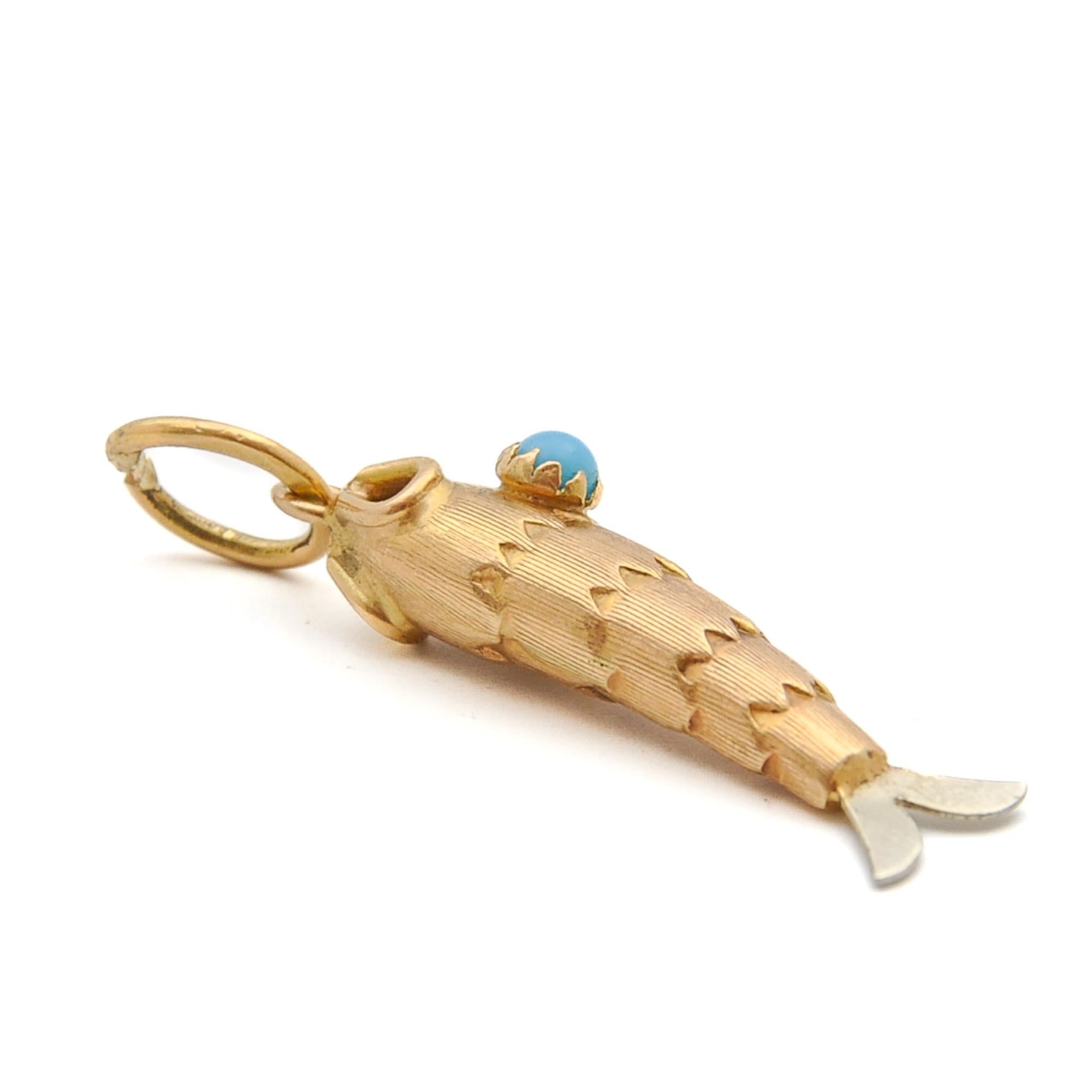 Vintage 18K Gold and Silver Turquoise Fish Charm Pendant For Sale 3
