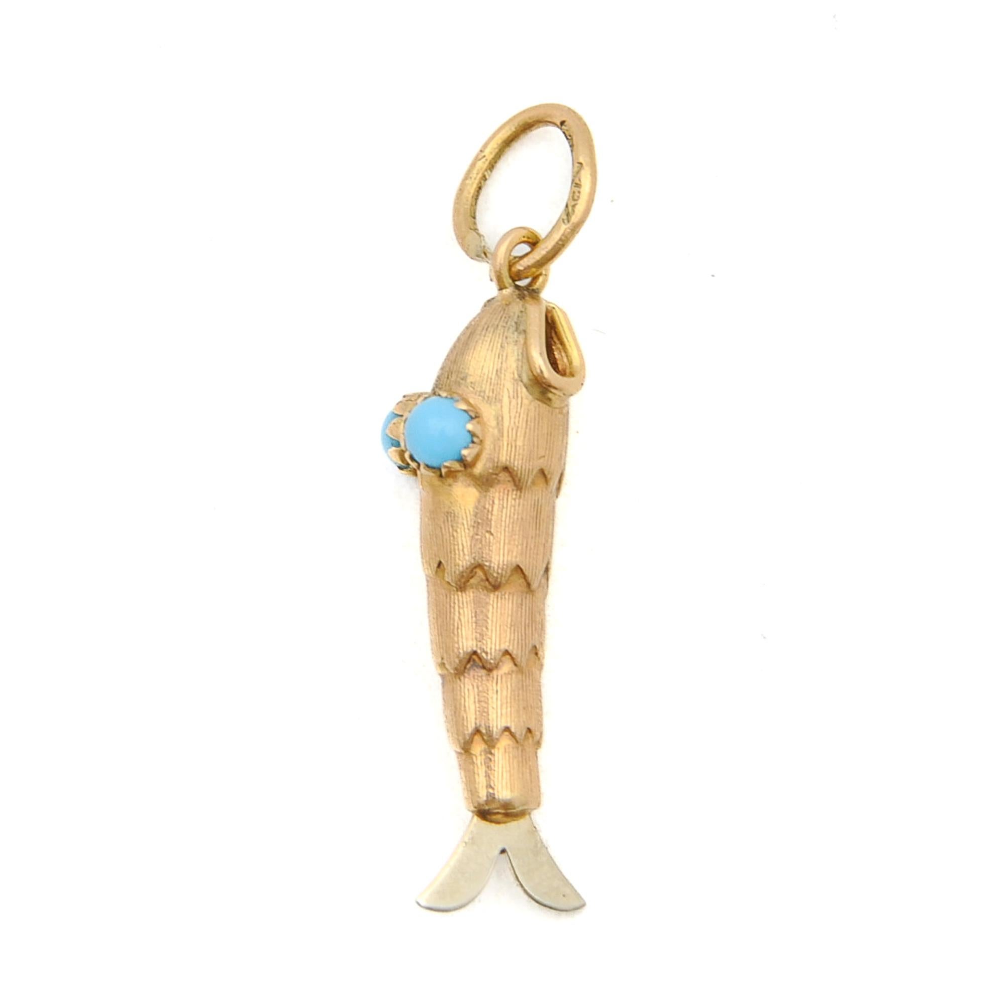 Vintage 18K Gold and Silver Turquoise Fish Charm Pendant For Sale 4