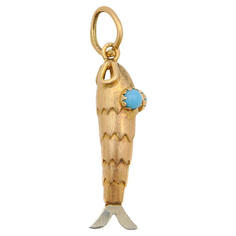 Vintage 18K Gold and Silver Turquoise Fish Charm Pendant For Sale