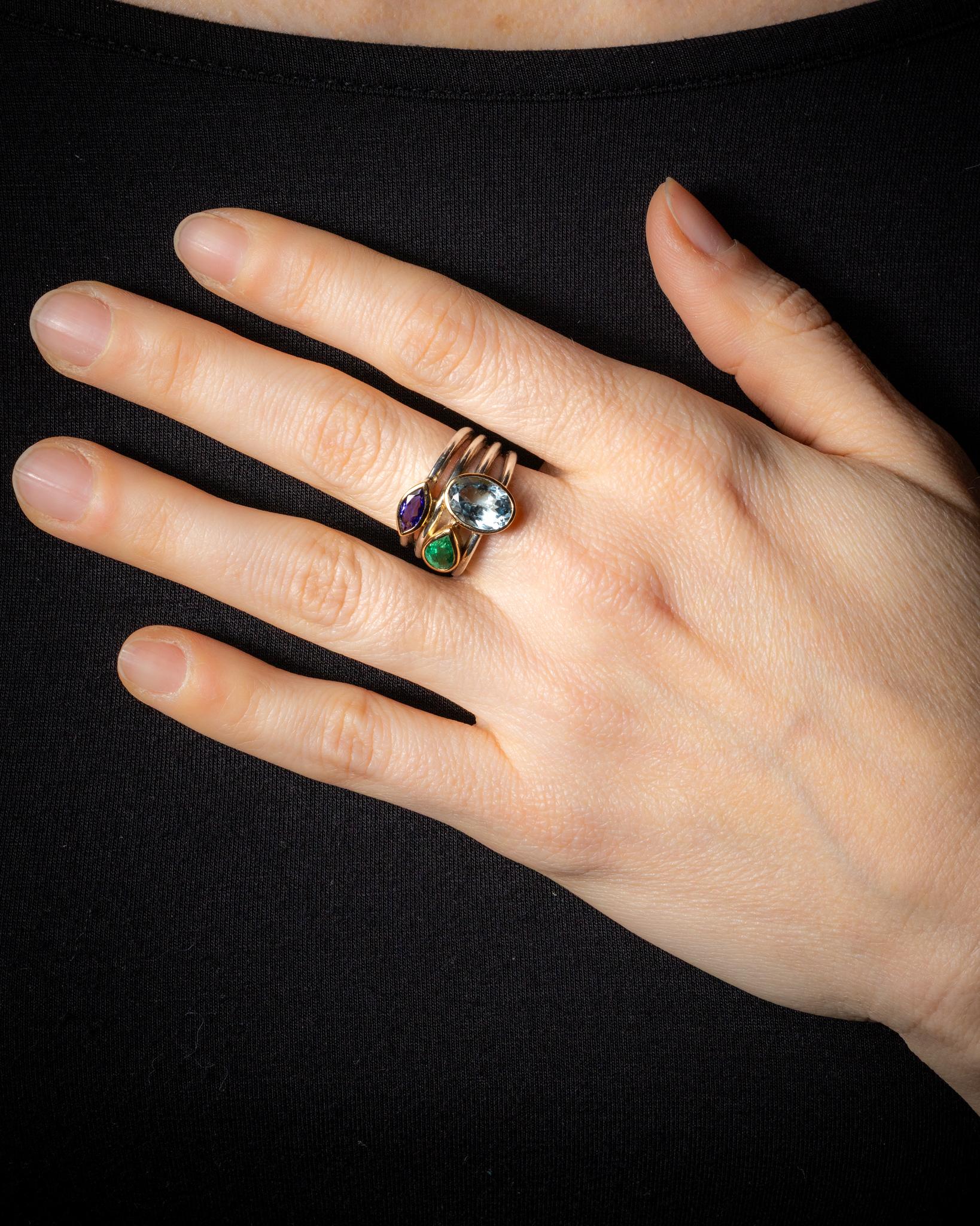 Bague en or 18K et sterling avec aigue-marine, améthyste et tourmaline verte Unisexe en vente