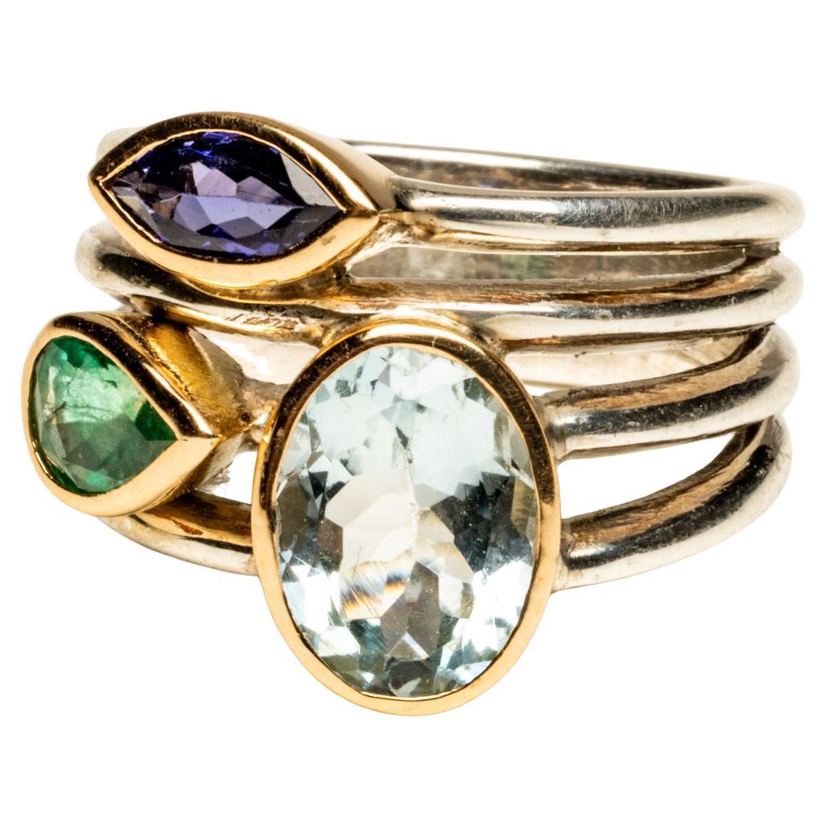 Anillo en racimo de oro de 18 quilates y plata de ley con aguamarina, amatista y turmalina verde