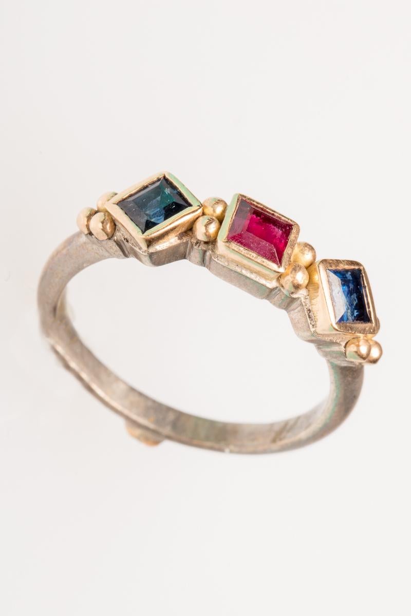 Women's or Men's 18 Karat Gold and Sterling Ruby and Sapphire Ring