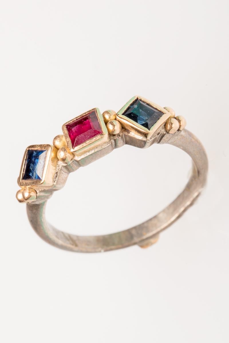 18 Karat Gold and Sterling Ruby and Sapphire Ring 2