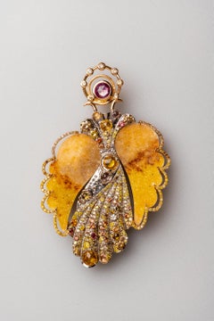 18k Gold and Sterling Silver Angel Brooch and Earring Jackets with Gemstones