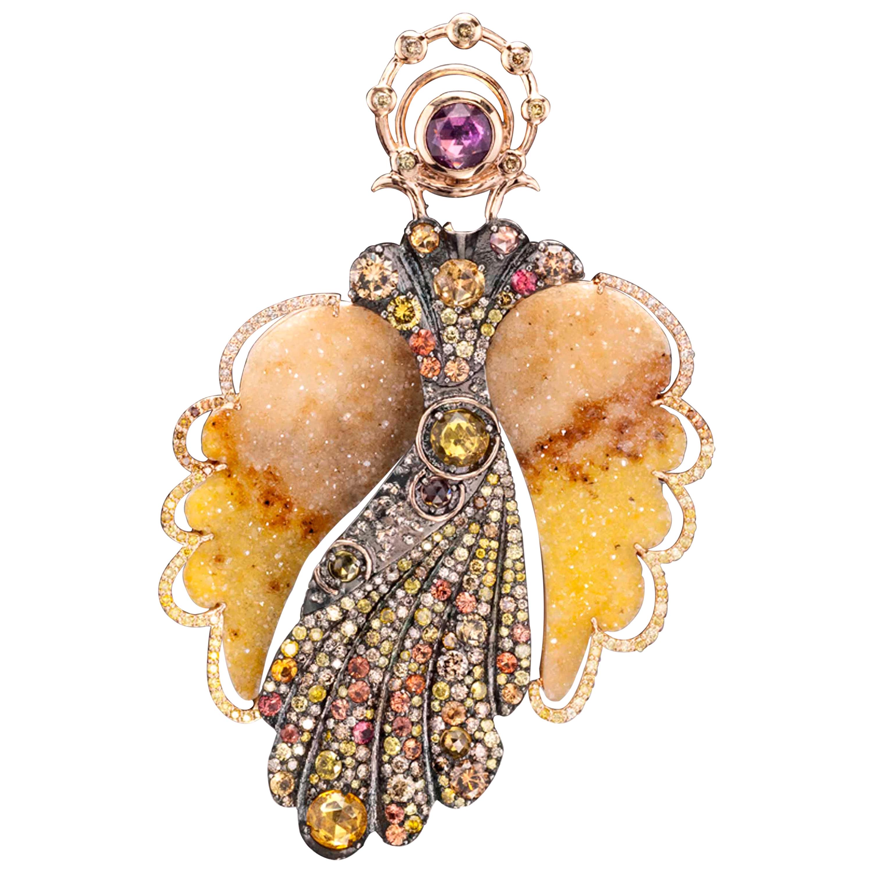 Broche et boucles d'oreilles en forme d'ange en or 18 carats et argent sterling avec pierres précieuses
