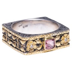 18K Gold and Sterling Silver Band with Pink Tourmaline and Diamonds