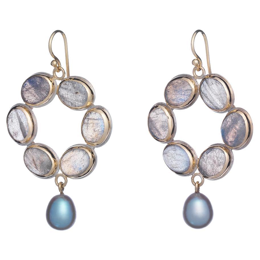 18k Gold and Sterling Silver Drop Earrings with Labradorite and Freshwater Pearl For Sale