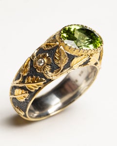 18K Gold and Sterling Silver Ring with Bezel Set Peridot and Diamonds