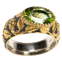 18K Gold and Sterling Silver Ring with Bezel Set Peridot and Diamonds