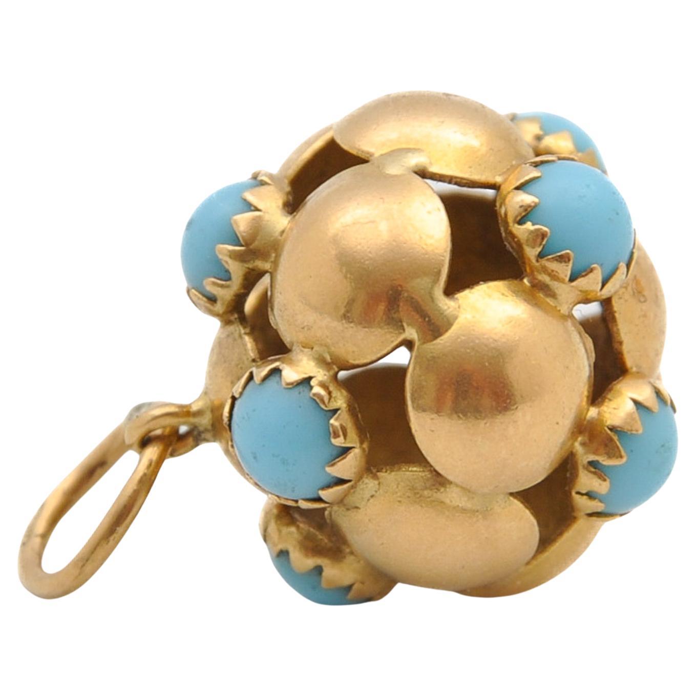 Vintage 18K Gold and Turquoise Ball Charm Pendant For Sale 1
