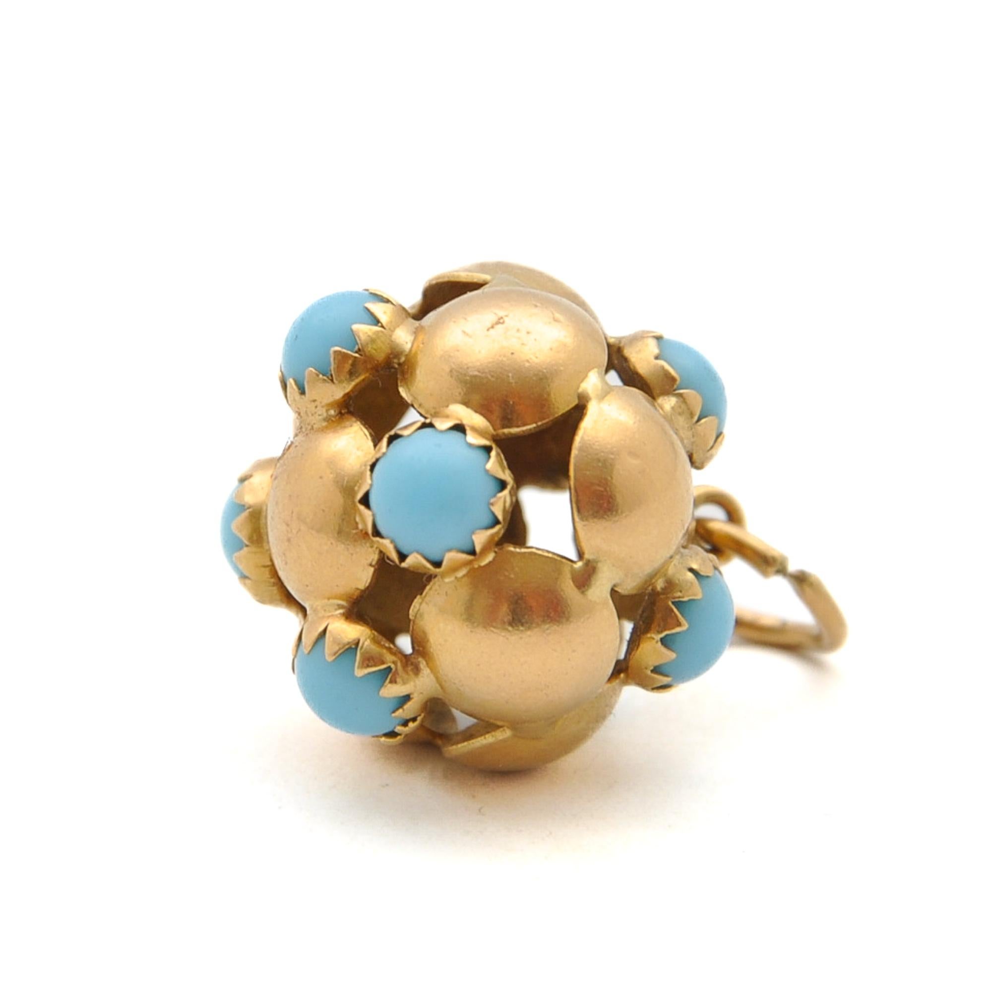 Vintage 18K Gold and Turquoise Ball Charm Pendant For Sale 2