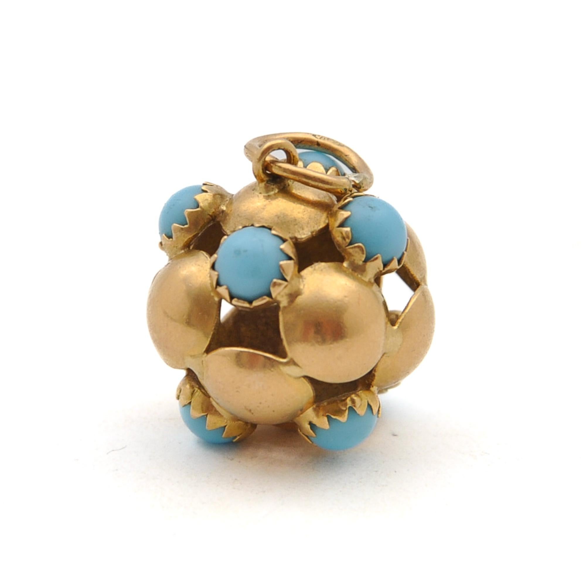 Vintage 18K Gold and Turquoise Ball Charm Pendant For Sale 5