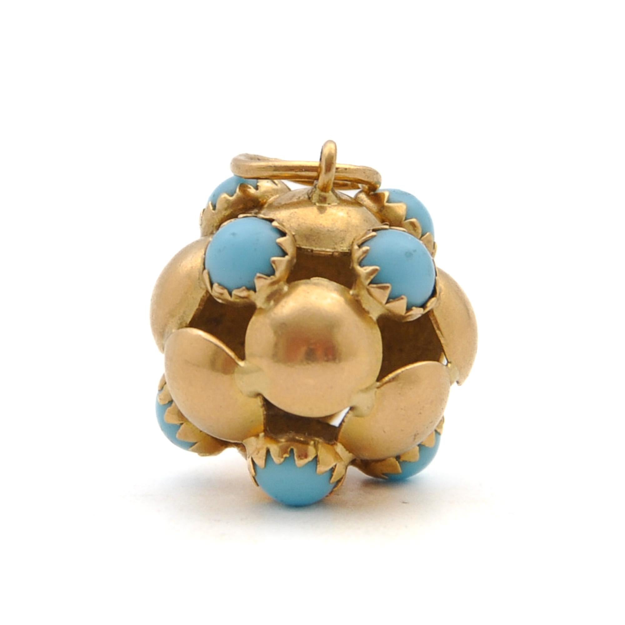 Vintage 18K Gold and Turquoise Ball Charm Pendant For Sale