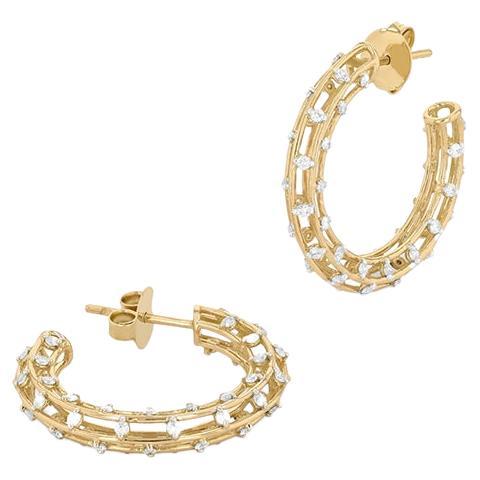18k Gold and White Diamond Hoop Earrings For Sale