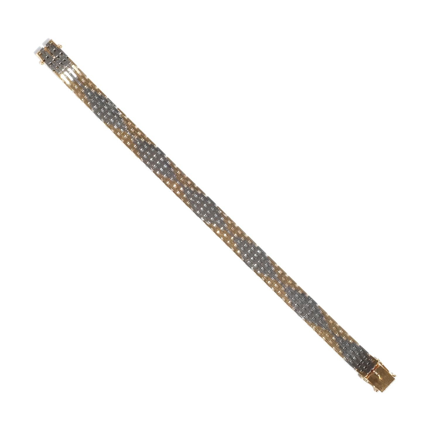 Women's or Men's 18K Gold and White Gold Brick Links Bracelet Made 1970 For Sale
