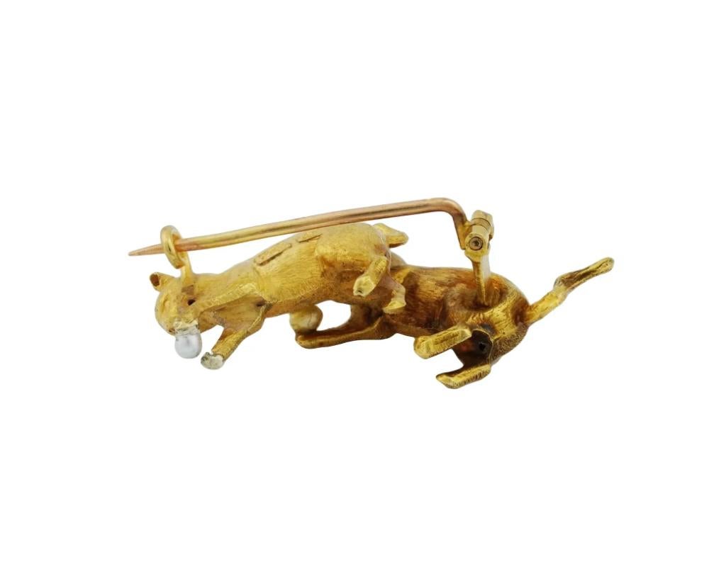 18K Gold Antique Cats Brooch With Natural Pearls In Good Condition In New York, NY