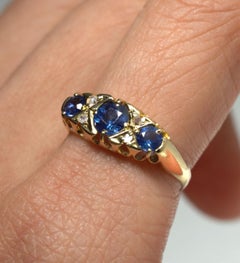 18k Gold Antique Edwardian Blue Sapphire & Rose Cut Diamond Three Stone Ring
