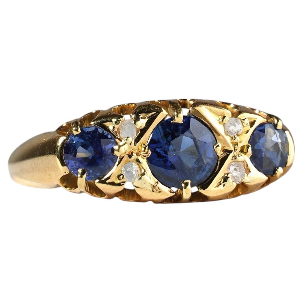 18k Gold Antique Edwardian Blue Sapphire & Rose Cut Diamond Three Stone Ring