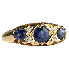 18k Gold Antique Edwardian Blue Sapphire & Rose Cut Diamond Three Stone Ring