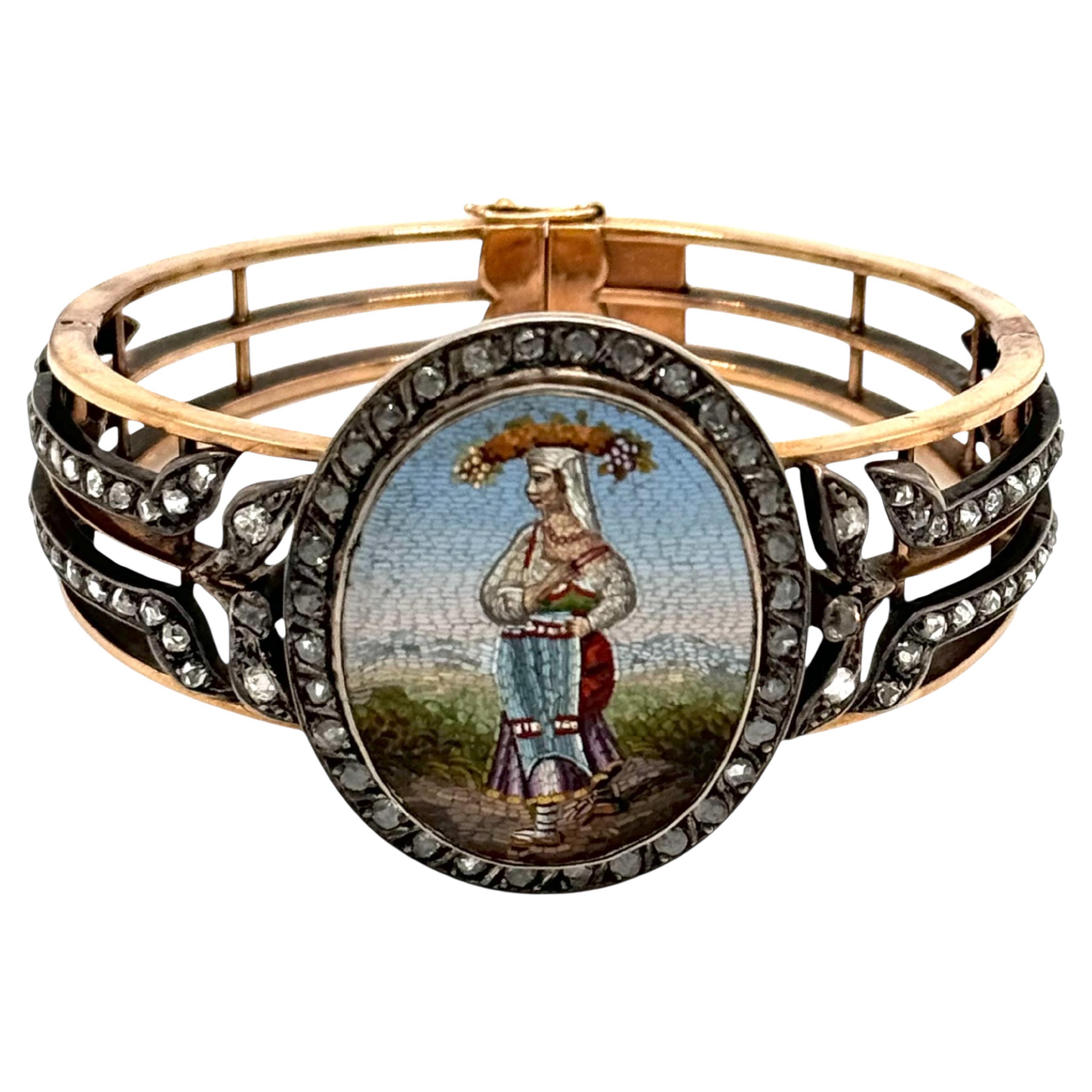 Bracciale a micromosaico francese antico in oro 18 carati con diamanti taglio rosa, CIRCA 1870