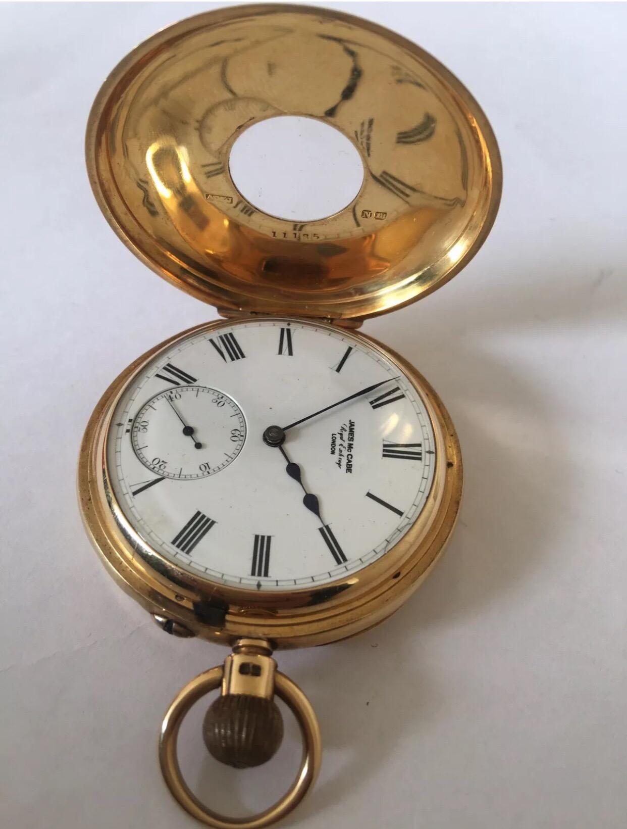 18K Gold Antique Half Hunter Pocket Watch by James McCabe, Royal Exchange London In Good Condition For Sale In Carlisle, GB
