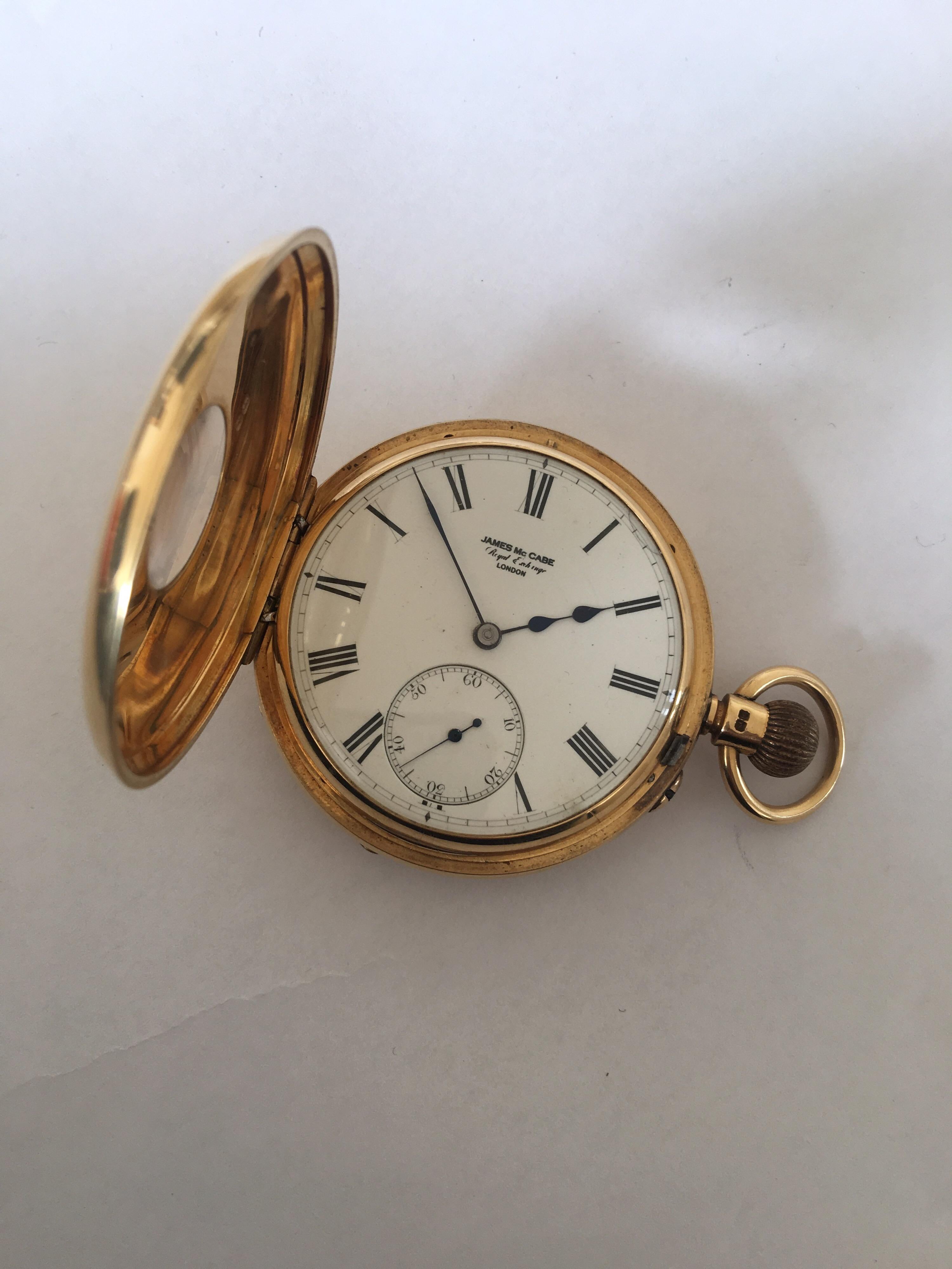 8K Gold Antique Half Hunter Pocket Watch Signed James McCabe, Royal Exchange London on the Dial

This watch is in good working order and it is ticking nicely but we cannot guarantee the time accuracy 