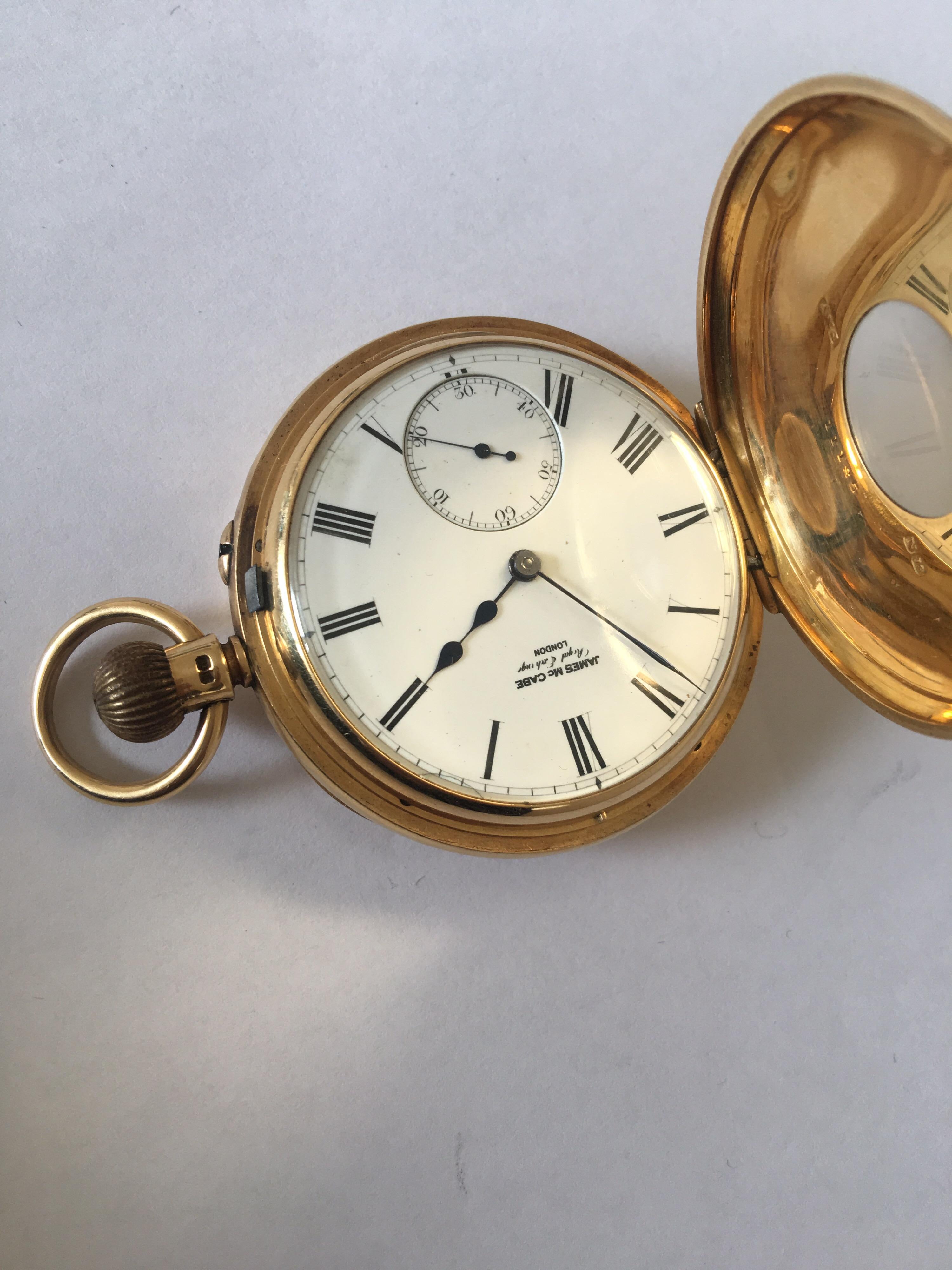 18 Karat Gold Antique Half Hunter Pocket Watch Sign McCabe Royal Exchange London In Good Condition For Sale In Carlisle, GB