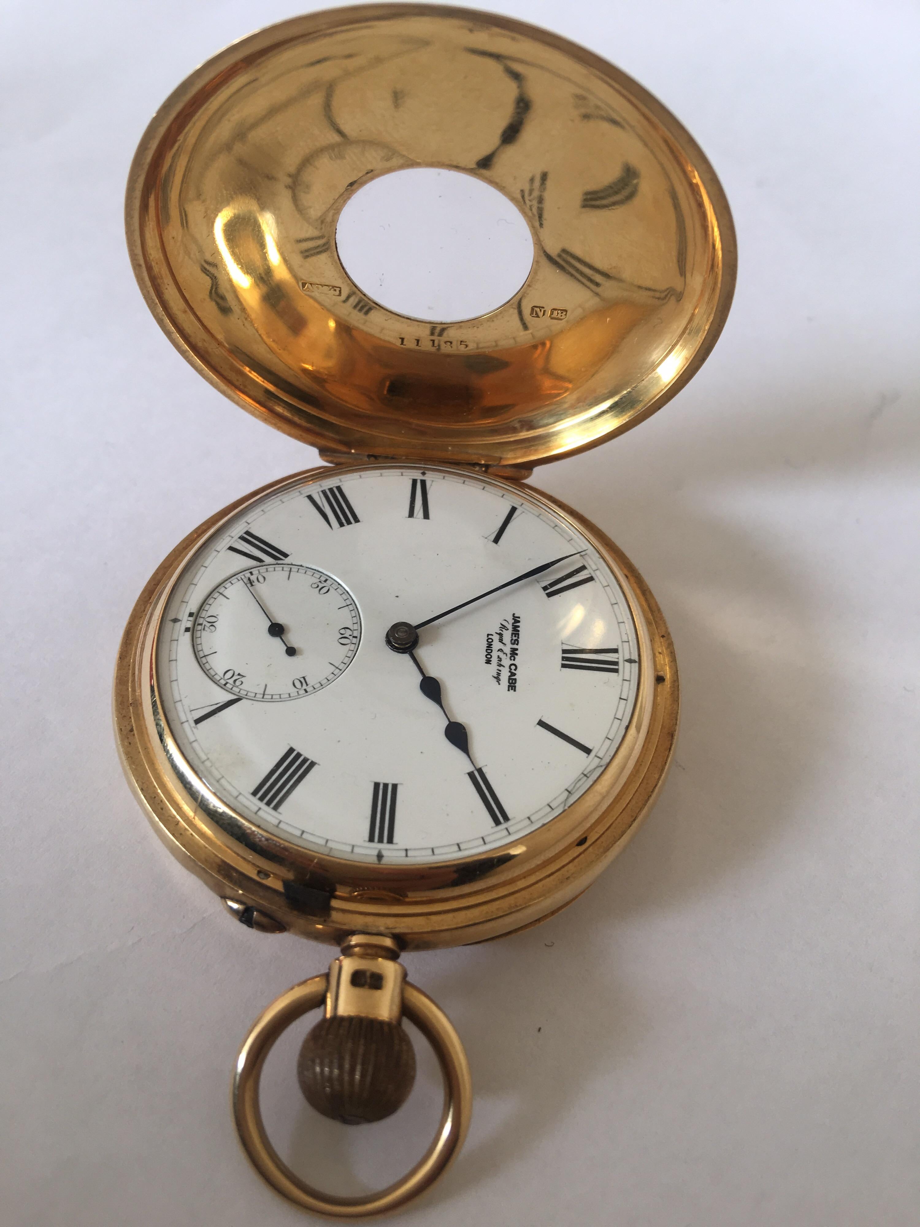 Women's or Men's 18 Karat Gold Antique Half Hunter Pocket Watch Sign McCabe Royal Exchange London For Sale