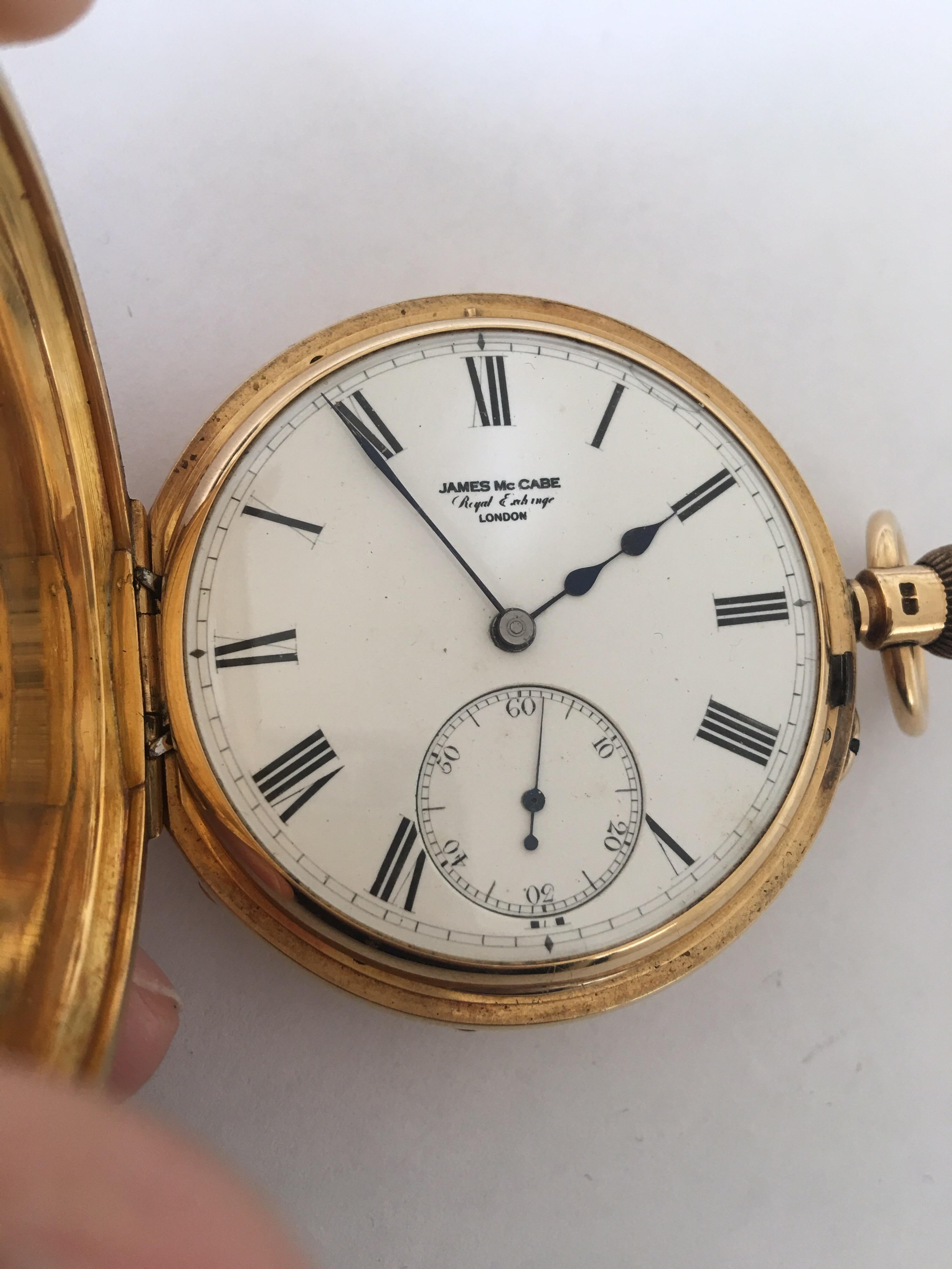 18 Karat Gold Antique Half Hunter Pocket Watch Sign McCabe Royal Exchange London For Sale 1