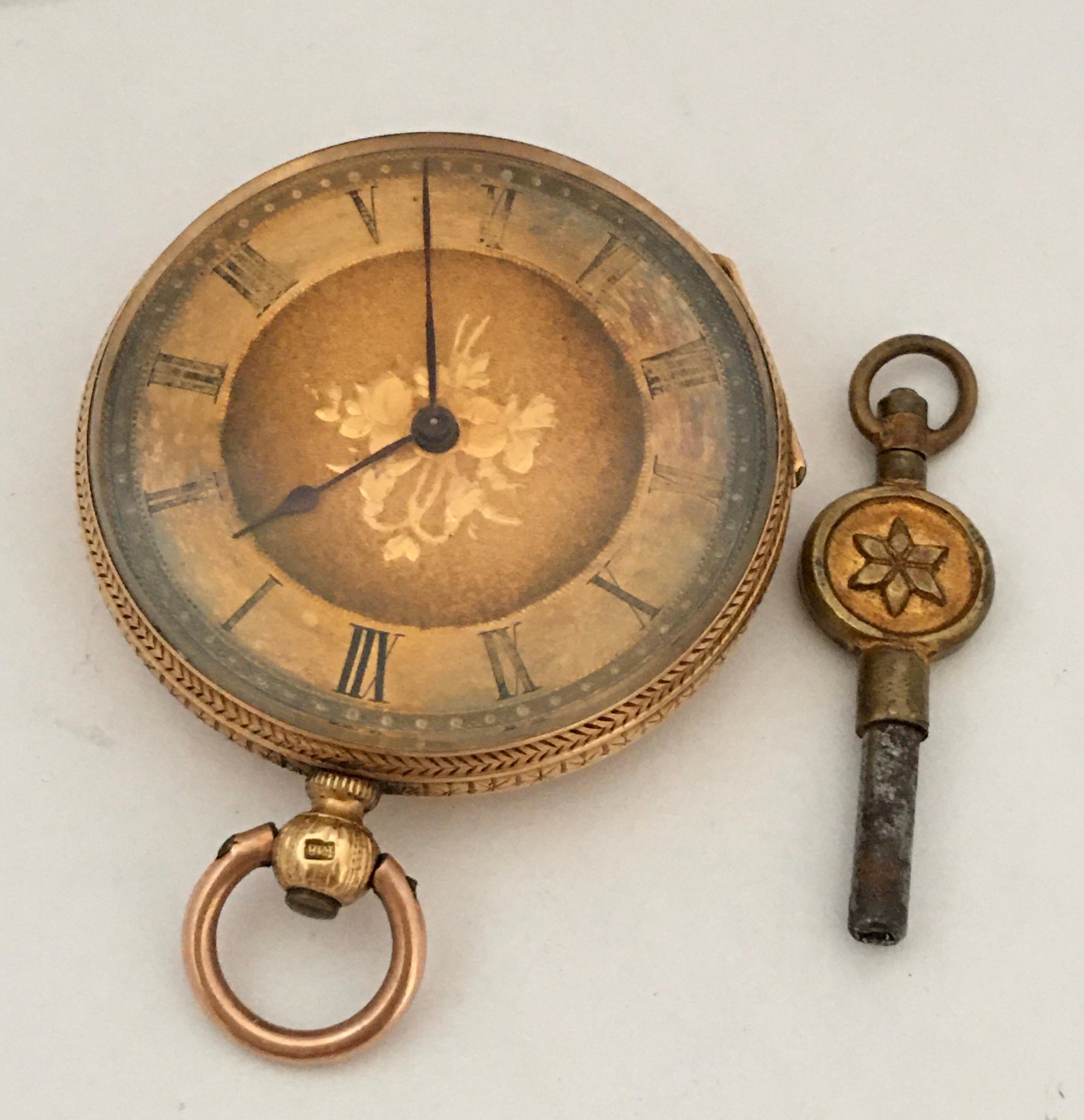 This beautiful antique key-wind Gold Pocket Watch is in good working condition and it is ticking well. It comes with a key. The dial is a bit tired and has aged. The metal ring or Loop is different gold colour to the watch case. Watch size