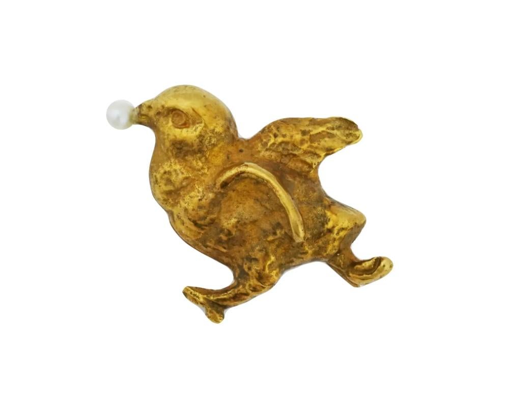 Round Cut 18K Gold Antique Pearl Baby Chicken Jewelry Brooch For Sale