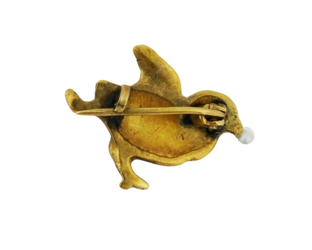 18K Gold Antique Pearl Baby Chicken Jewelry Brooch In Good Condition For Sale In New York, NY