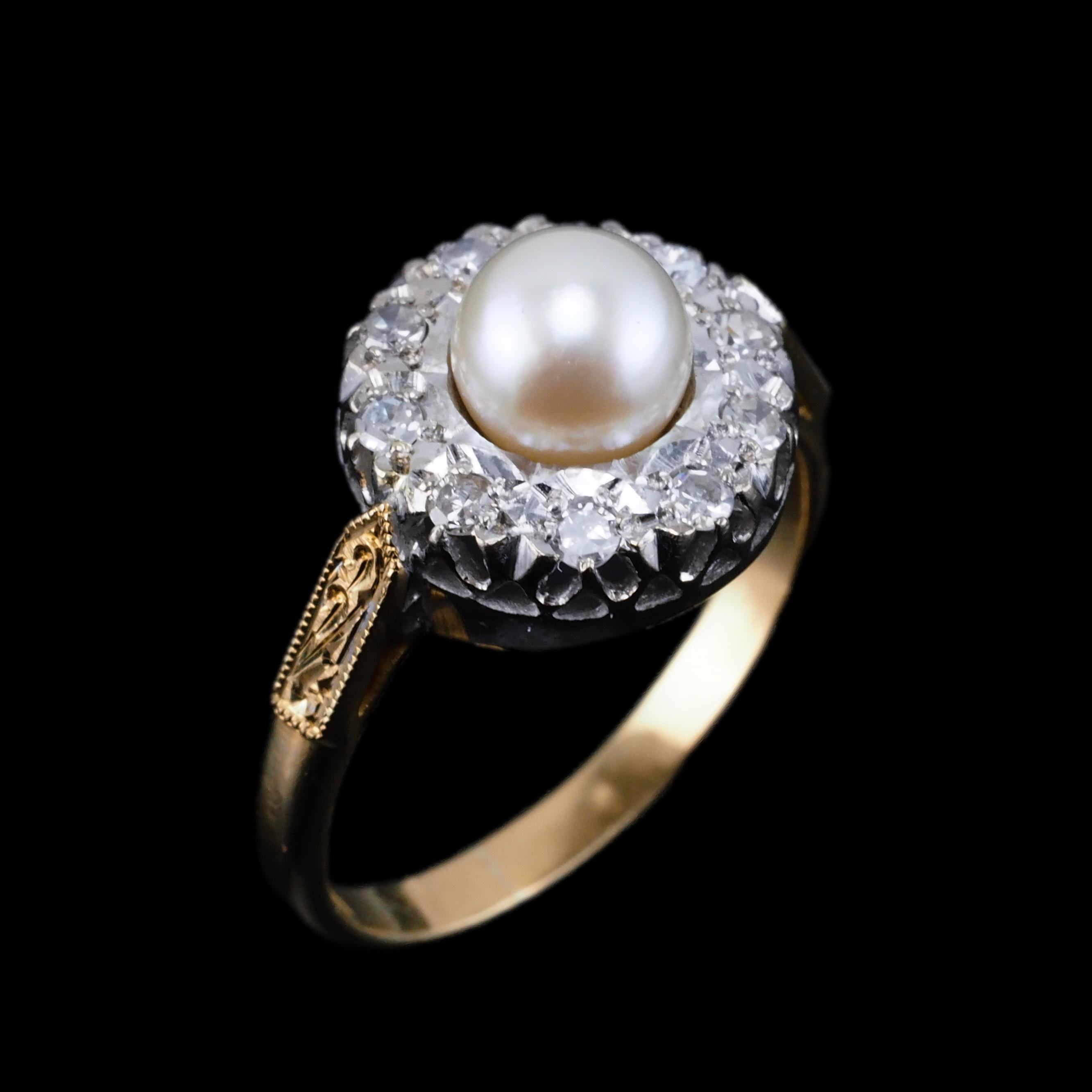 18K Gold Antique Pearl & Diamond Cluster Ring - c.1900s 7