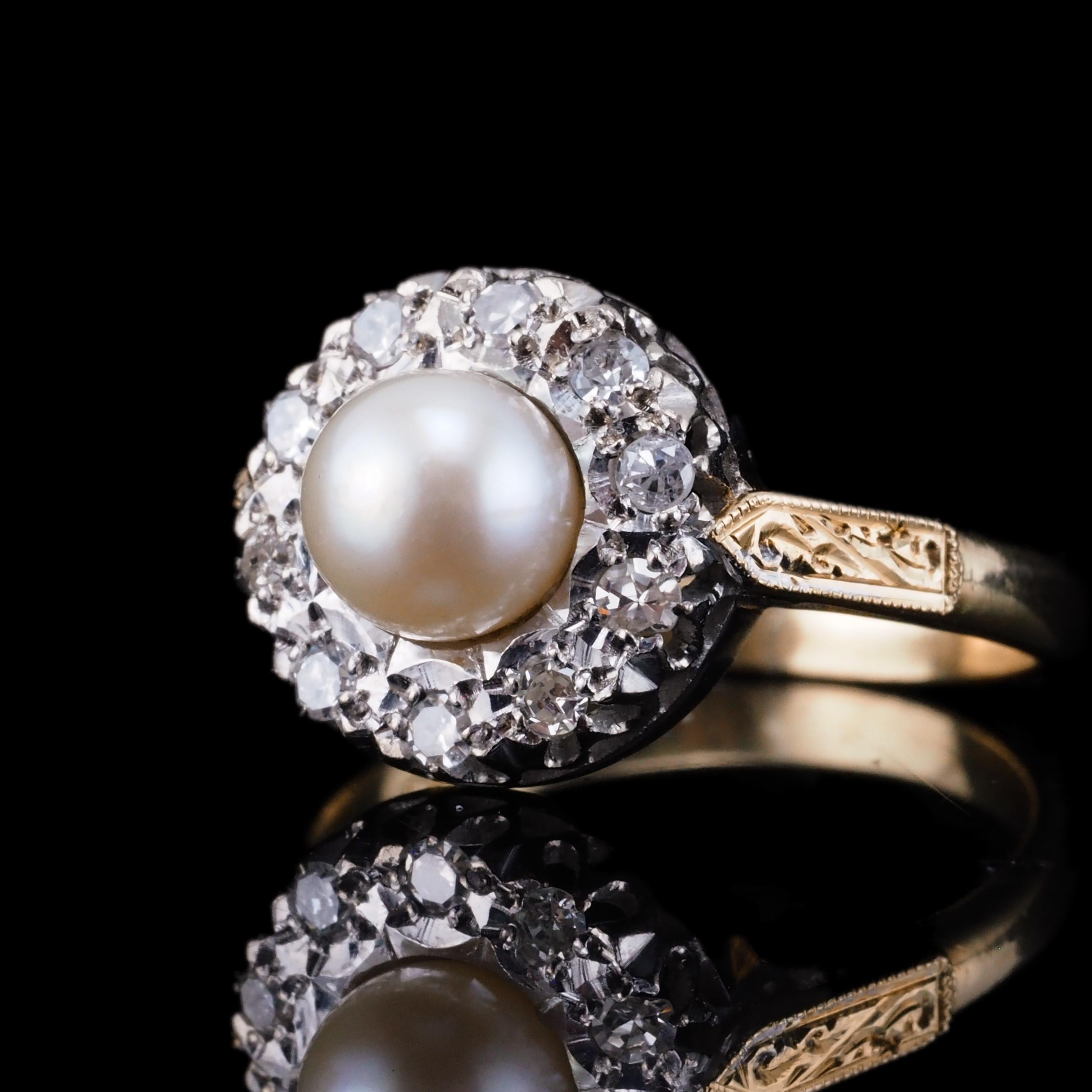 Round Cut 18K Gold Antique Pearl & Diamond Cluster Ring - c.1900s