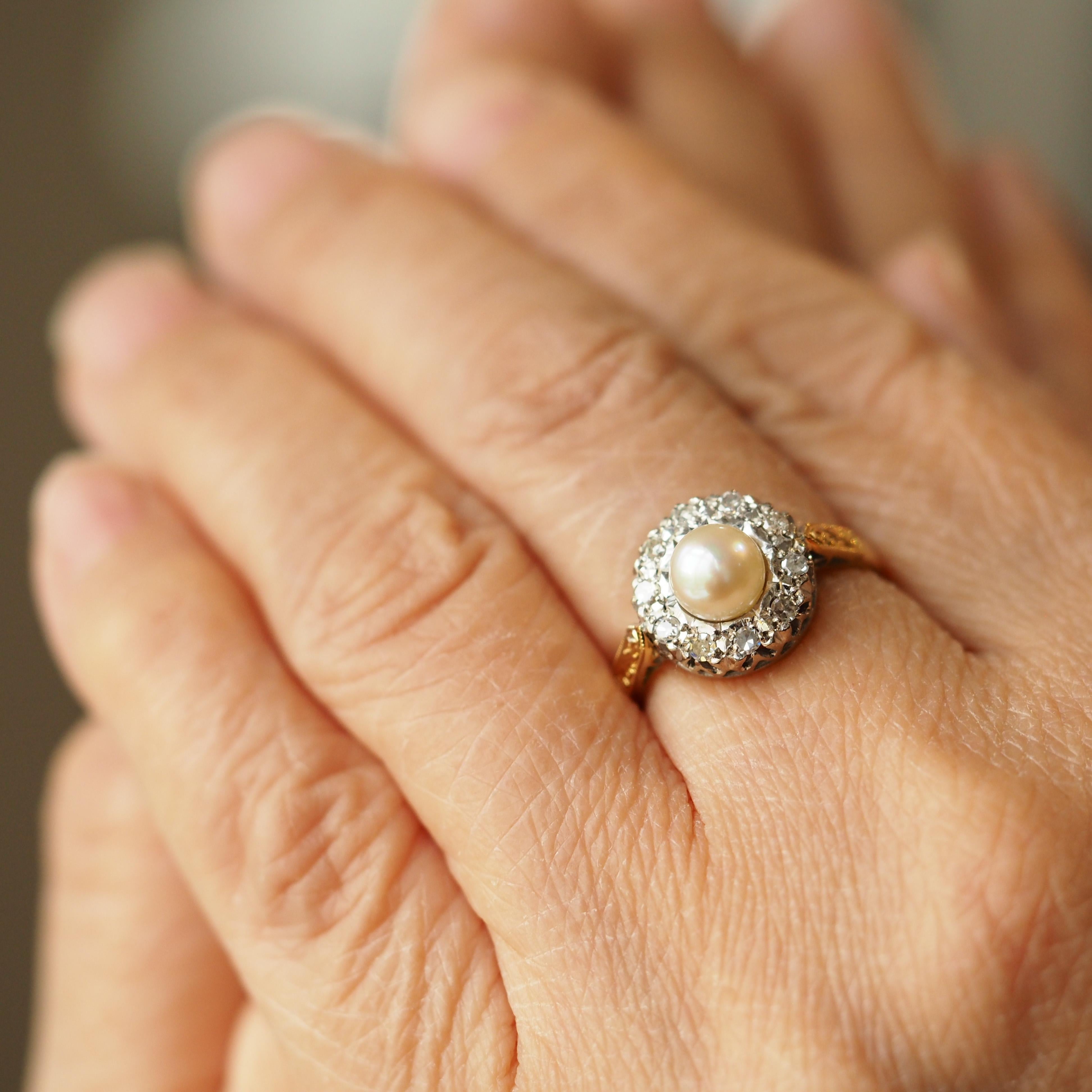 Women's or Men's 18K Gold Antique Pearl & Diamond Cluster Ring - c.1900s