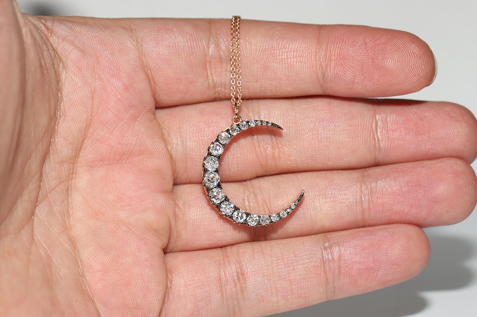 18k Gold  New Made Natural Old Cut Diamond Decorated Moon Pendant For Sale 6
