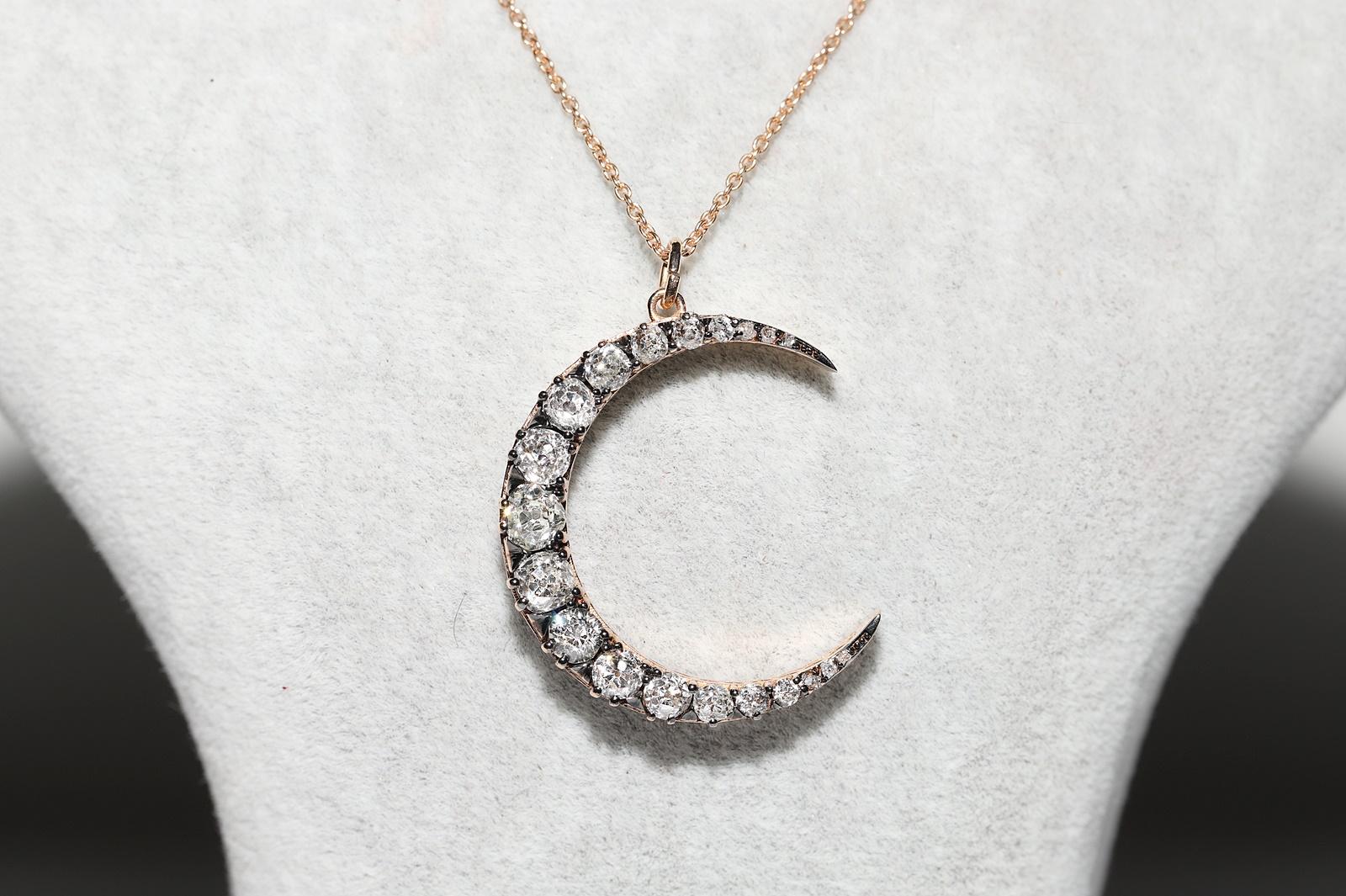 Modern 18k Gold  New Made Natural Old Cut Diamond Decorated Moon Pendant For Sale