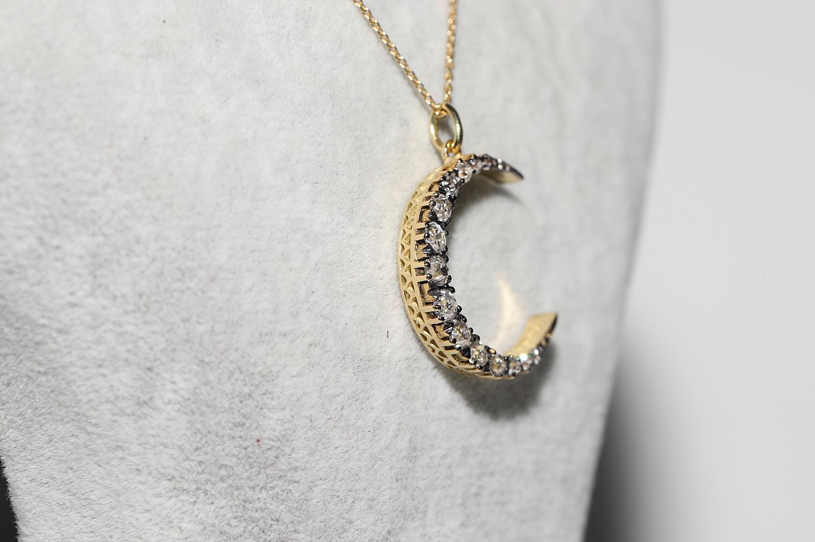 Old Mine Cut 18k Gold  New Made Natural Old Cut Diamond Decorated Moon Pendant For Sale