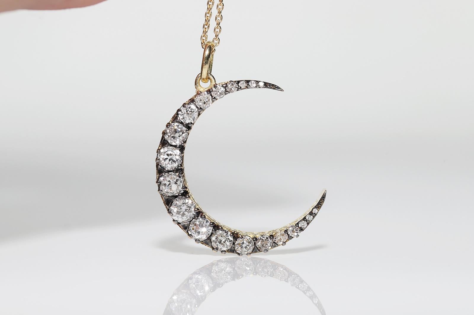 Women's 18k Gold  New Made Natural Old Cut Diamond Decorated Moon Pendant For Sale