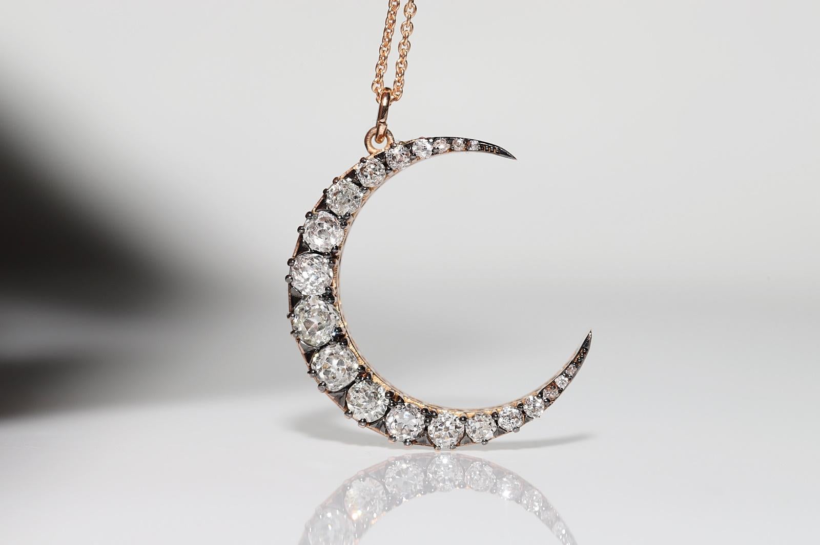 18k Gold  New Made Natural Old Cut Diamond Decorated Moon Pendant For Sale 2