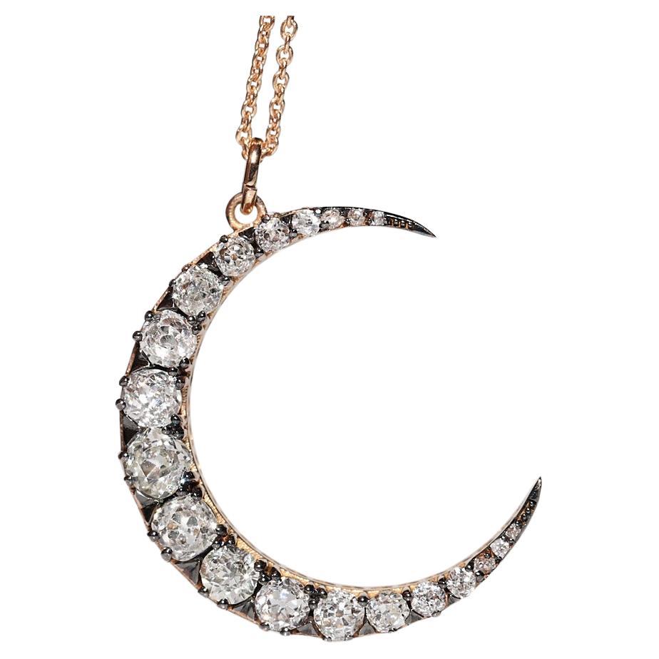 18k Gold  New Made Natural Old Cut Diamond Decorated Moon Pendant For Sale