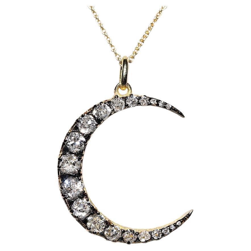 18k Gold  New Made Natural Old Cut Diamond Decorated Moon Pendant For Sale