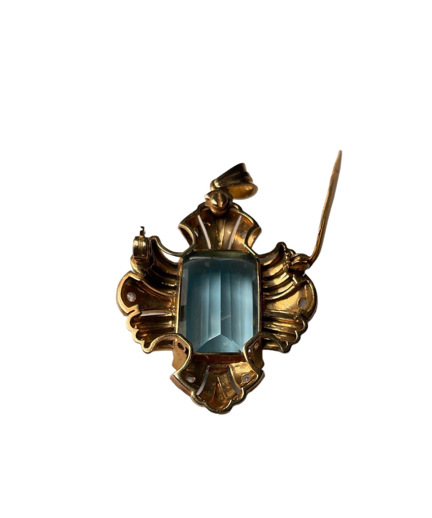 18K Gold Aquamarine And Diamonds Pendant/Brooch For Sale 6
