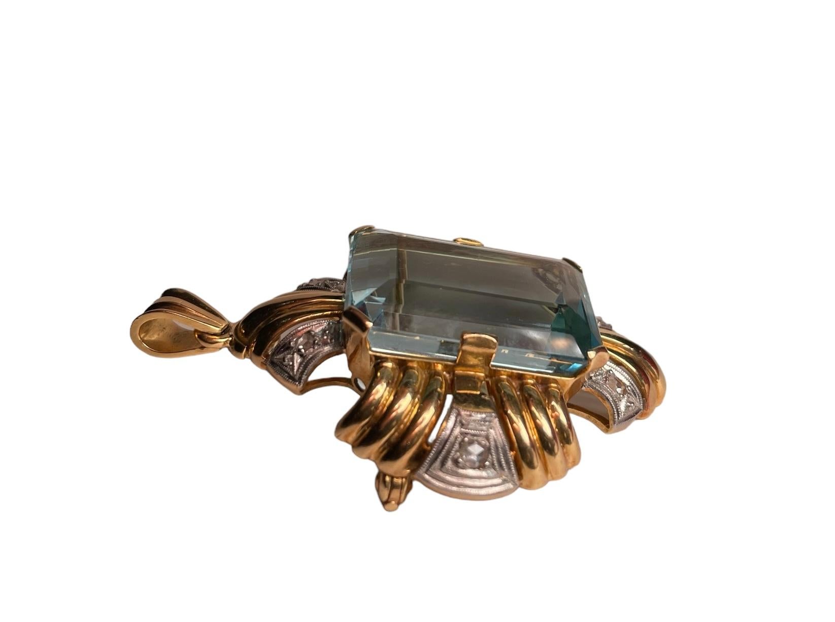 18K Gold Aquamarine And Diamonds Pendant/Brooch For Sale 8