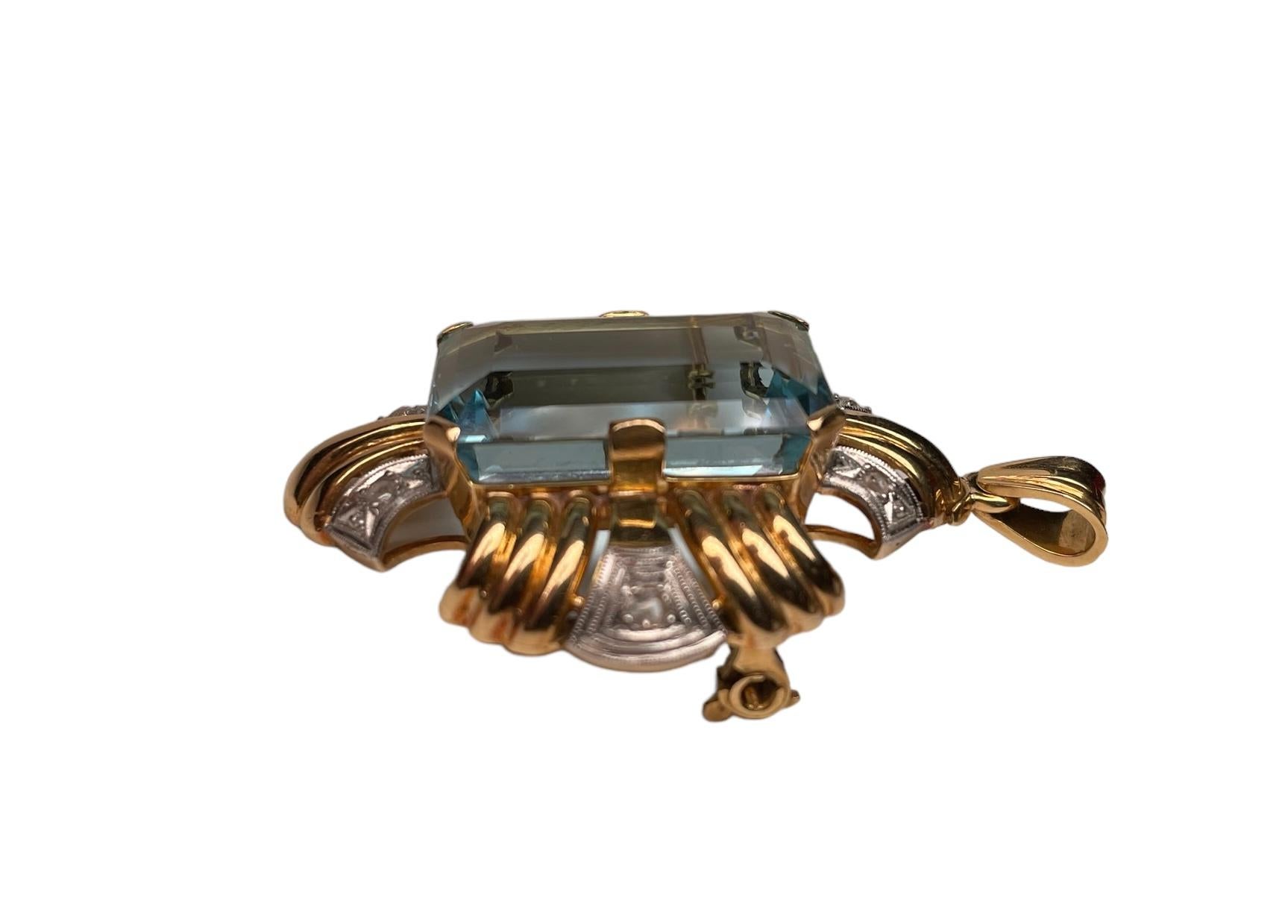 18K Gold Aquamarine And Diamonds Pendant/Brooch For Sale 10