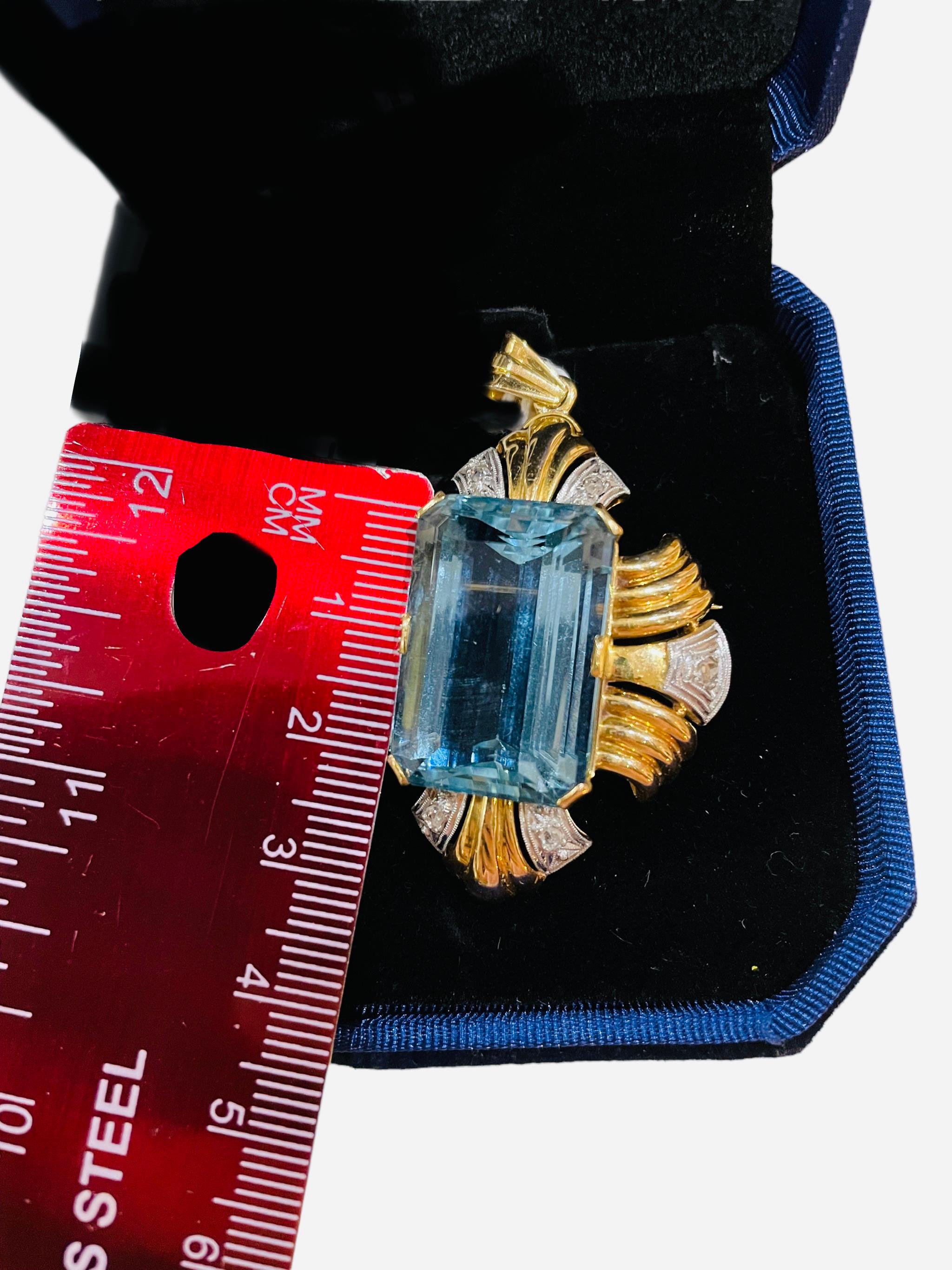 Emerald Cut 18K Gold Aquamarine And Diamonds Pendant/Brooch For Sale