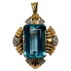 18K Gold Aquamarine And Diamonds Pendant/Brooch