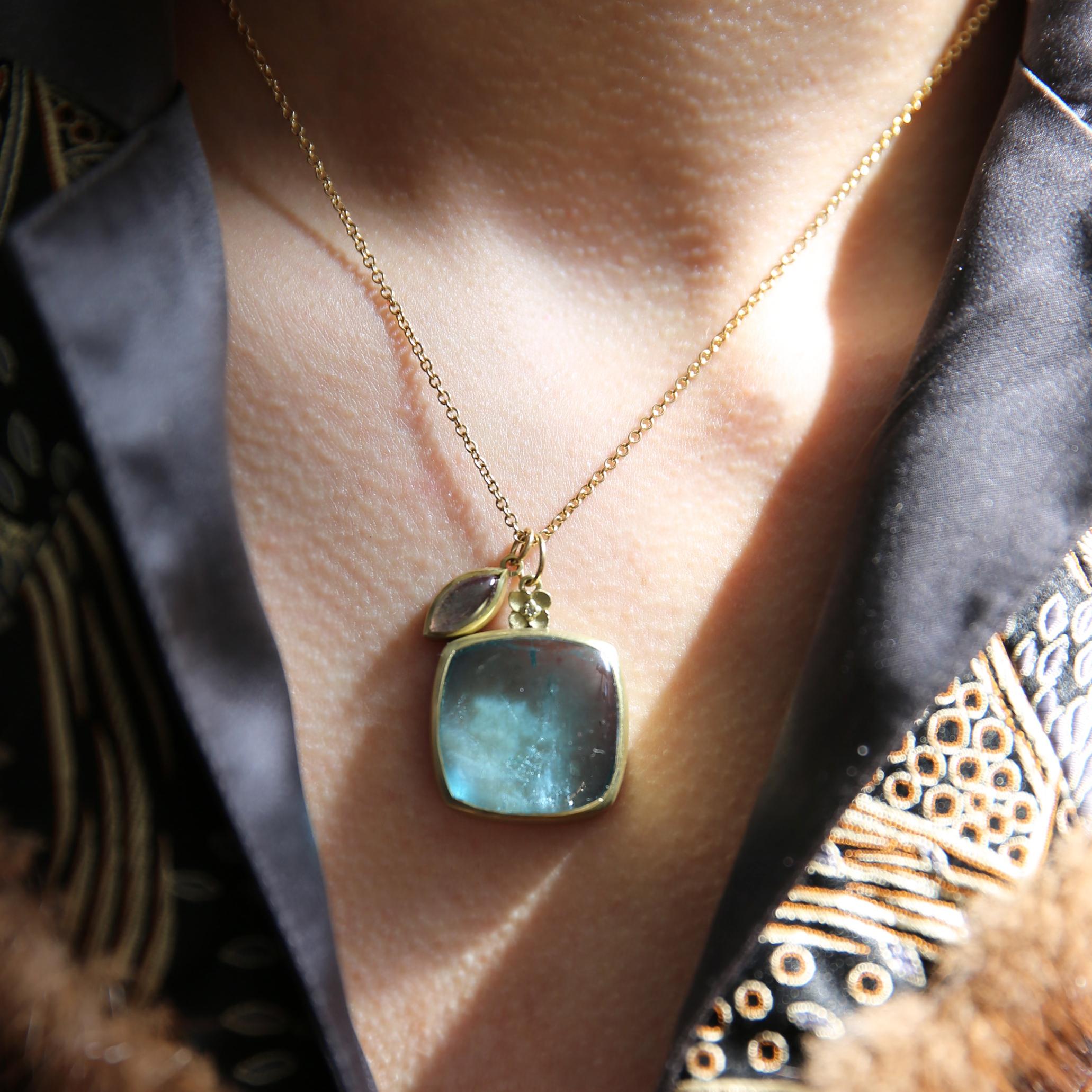 Artisan 18k Gold Aquamarine and Labradorite Botanical Charm Necklace For Sale