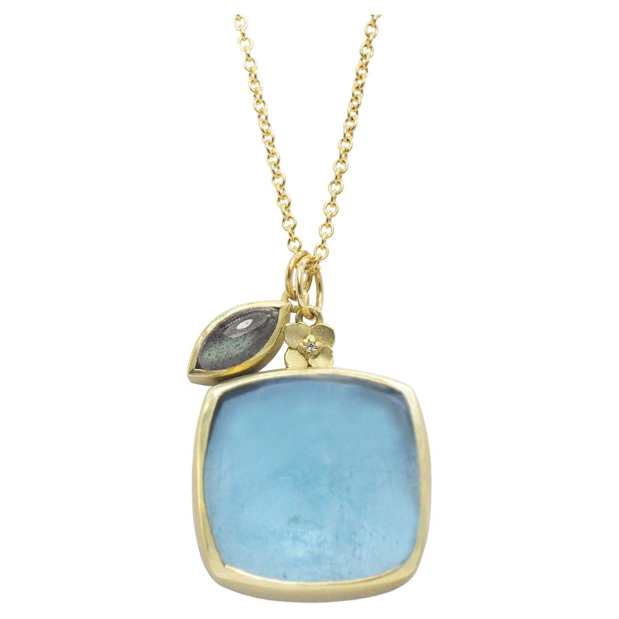 18k Gold Aquamarine and Labradorite Botanical Charm Necklace For Sale